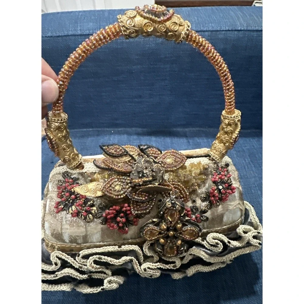 Mary Frances Beaded Handbag Purse, Jewels, Feathers, Floral Brown Hard Case